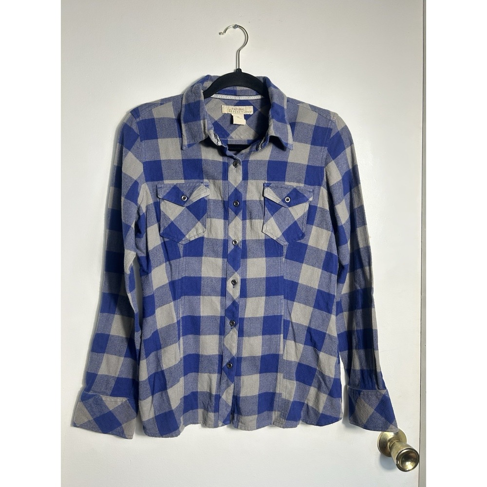 Natural Reflections Woman's Blue Grey Buffalo Plaid Flannel‎ Shirt 100% Outdoors